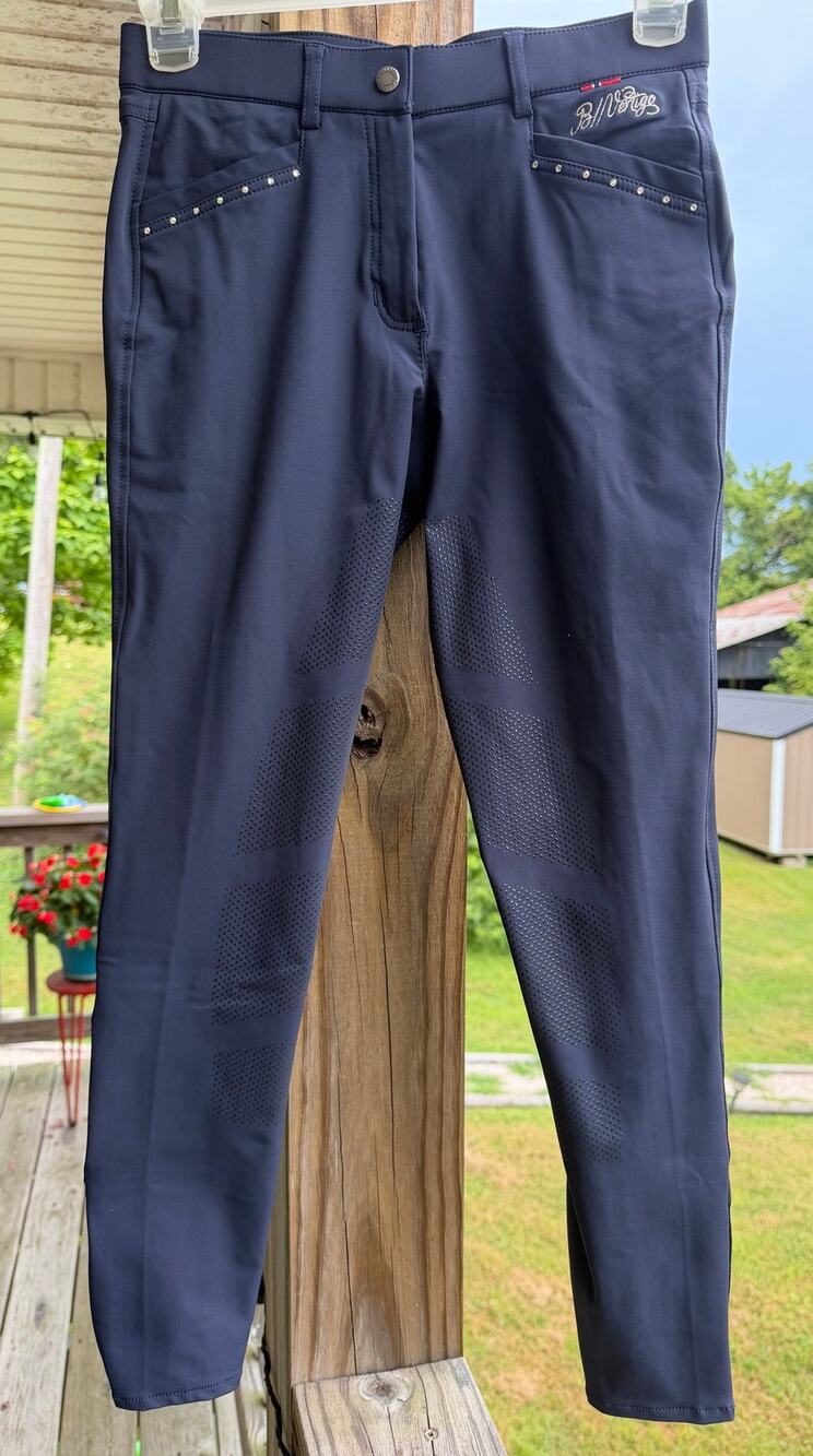 B//Vertigo Olivia Full Seat Silicone Grip Riding Breeches Navy Rhinestones 26